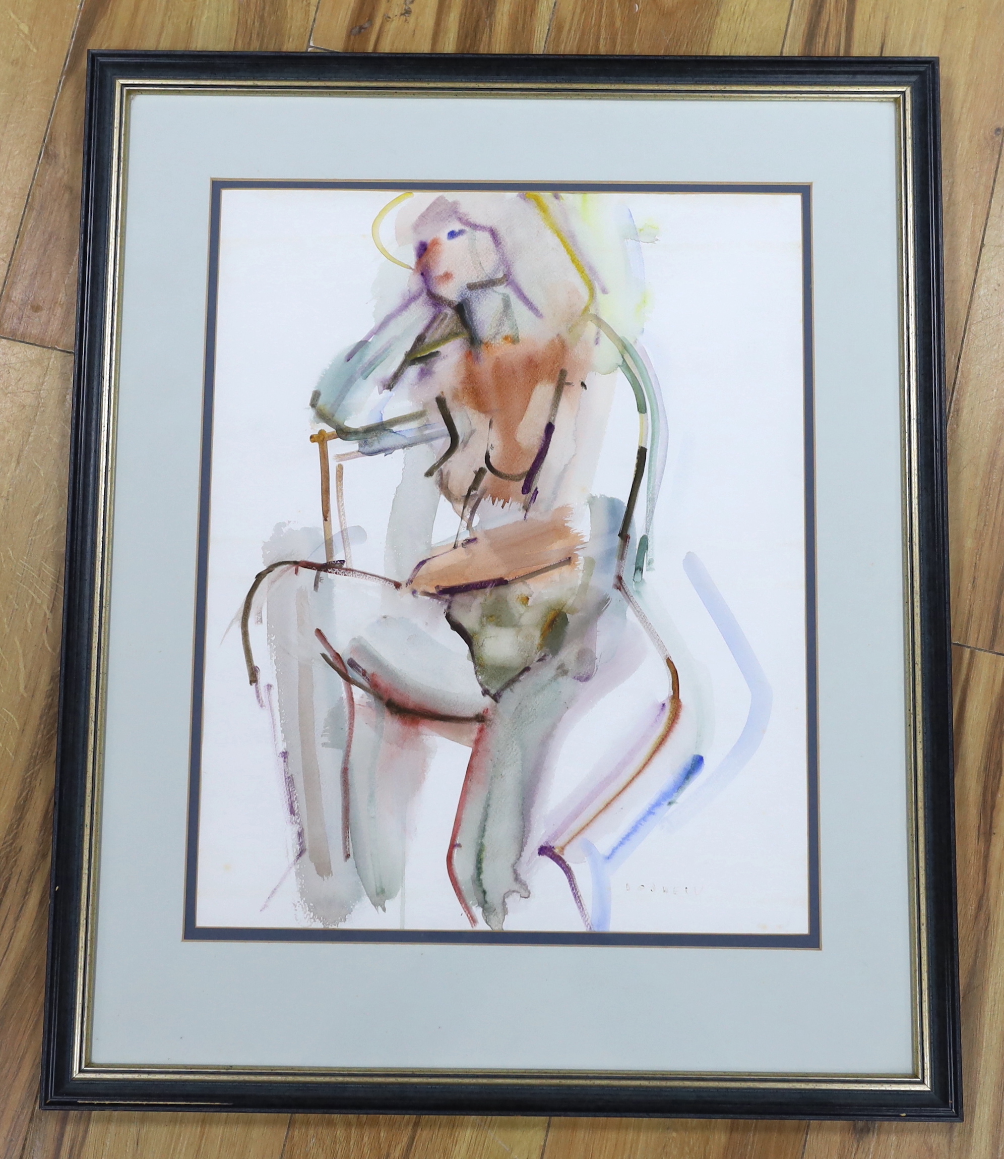 Samuel Dodwell (1909-1990), ink and watercolour, Seated female nude, signed, details verso, 49 x 38cm